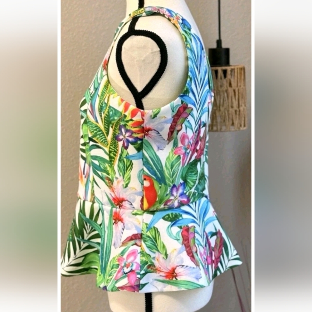 Boston Proper Tropical Green White Red Blue Plum Peplum Sleeveless Blouse Top S - Picture 3 of 7